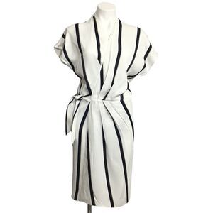 Equipment Leonce White Striped Bow Detail Short-Sleeve Wrap Dress